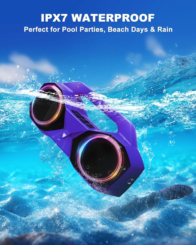 OZJ Bluetooth Speaker Outdoor Loud: 80W(Peak) with Bass, Portable Wireless Speaker with IPX7 Waterproof, 20H Playtime, RGB Lights, TWS for Outside, Beach, Work (Purple)