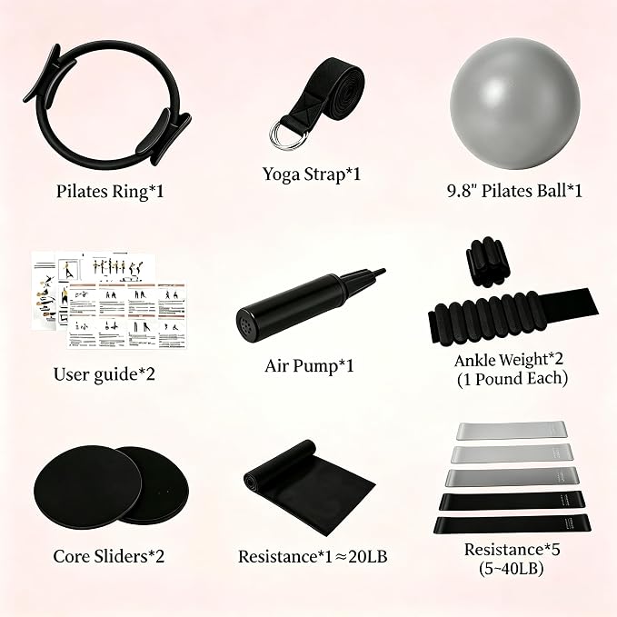 Pilates Equipment Kit for Home Workout,Pilates Ring and Ball Set,Pilates Essentials Accessories Kit for Women with Core Sliders,Adjustable Ankle Wrist Weight,Exercise Resistant Bands