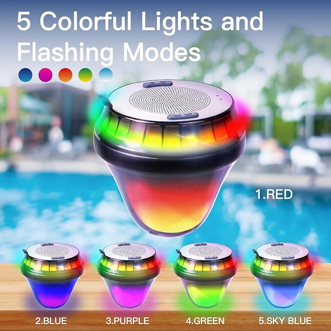 Floating Speaker for Pool with Colorful Lights, IPX7 Waterproof Floating Hot Tub Speaker, 15W Stereo Loud Sound, 360° Loud Stereo Sound, TWS, Great for Pool Shower Travel SPA