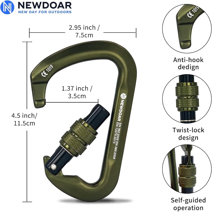 NewDoar CE Certified 30kN-6744lbs Climbing Carabiner Professional, Heavy Duty D Screwgate Clip, for Climbing,Rappelling,Hunting, Rescue