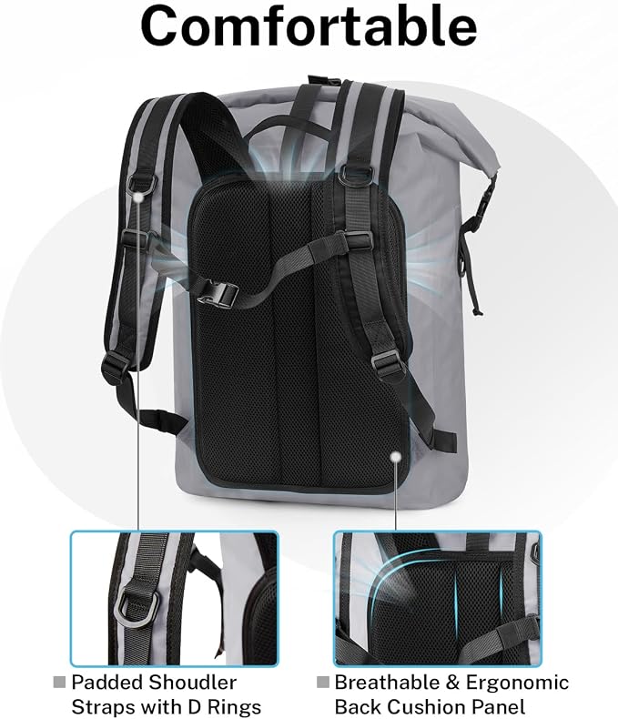 Gonex Ultralight Waterproof TPU Backpack, 35L Roll Top Dry Bag with Comfortable Padded Back Panel for Kayaking Boating Camping Fishing Travel,Grey
