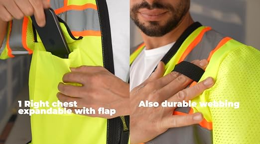 OccuNomix LUX-HDS2T3-Y2X Heavy Duty Solid/Mesh Two-Tone Surveyor Vest with Zipper, 8 Pockets, Class 3, 100% ANSI Polyester, 2X-Large, Yellow (High Visibility)