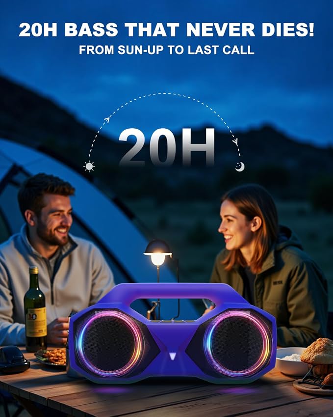 OZJ Bluetooth Speaker Outdoor Loud: 80W(Peak) with Bass, Portable Wireless Speaker with IPX7 Waterproof, 20H Playtime, RGB Lights, TWS for Outside, Beach, Work (Purple)
