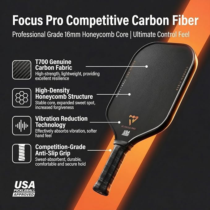 T700 Carbon Fiber Pickleball Paddle, Pickleball Set 16mm Pickle Ball Rackets with CMS Matte Surface Lightweight Honeycomb Core & Durable Edge Frame Larger Sweet Spot