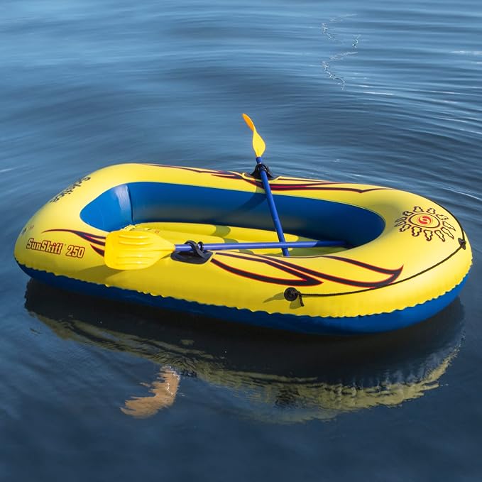 SOLSTICE Inflatable Boat Rafts 2 Person for Adults & Kids Comes W/ Oars Paddles Pump Pole Oar Holders Cushioned Comfortable Base Grab Line 6 Ft Size Sunskiff Kits Dinghy Air Floor Yellow