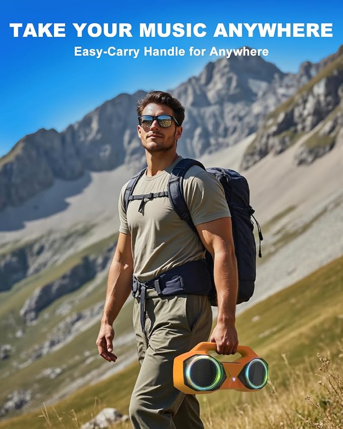 OZJ Bluetooth Speaker Outdoor Loud: 80W(Peak) with Bass, Portable Wireless Speaker with IPX7 Waterproof, 20H Playtime, RGB Lights, TWS for Outside, Beach, Work (Orange)