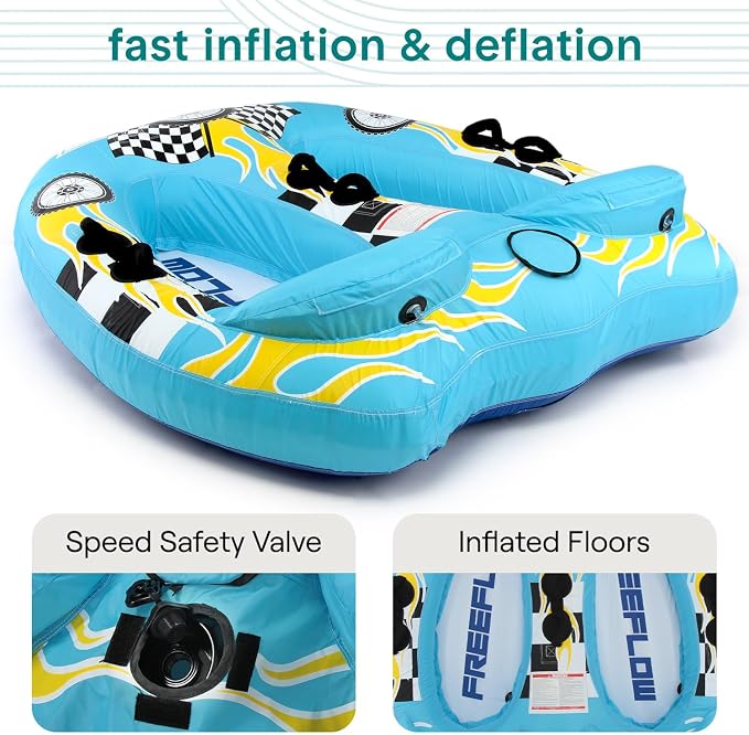 Serenelife Inflatable Towable Tube for Boating – 2-4 Person, 4500 lbs Pulling Capacity, Deck Seats & Backrest, Premium Nylon Cover, Grab Handles, Front/Back Tow Points, Speed Safety Valve