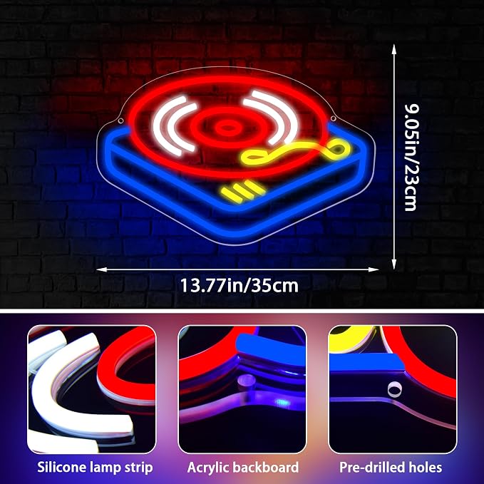 Record Player Neon Sign for Wall Decor Music Neon Light for Man Cave | Dimmable LED Neon,Musician Birthday Gifts,Led 5V USB Powered,Record Studio,Music Room Decor,Business Bar Pub Art,13.7*9.0in