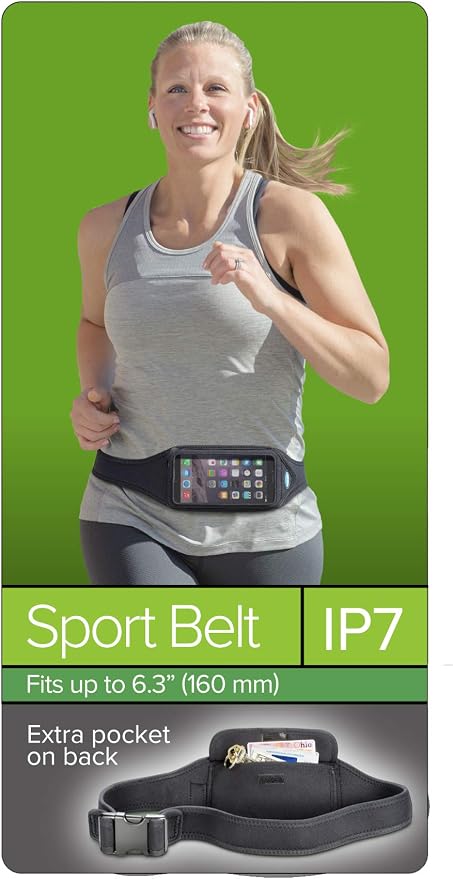 Tune Belt IP7 Running Belt for Women Men, Cell Phone Belt Holder, Waist Fanny Pack For iPhone 14/15, 14/15 Pro, 11/12/13 Pro, 12/13 mini, X/XS/XR, Galaxy S22/S23, With Accessory Pocket – Black