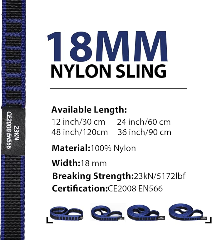 18mm Nylon Climbing Sling Runner 23KN CE2008/EN566 Certified - Webbing Straps for Outdoor Rock Climbing, Rappelling, Swing, Yoga Hammock etc