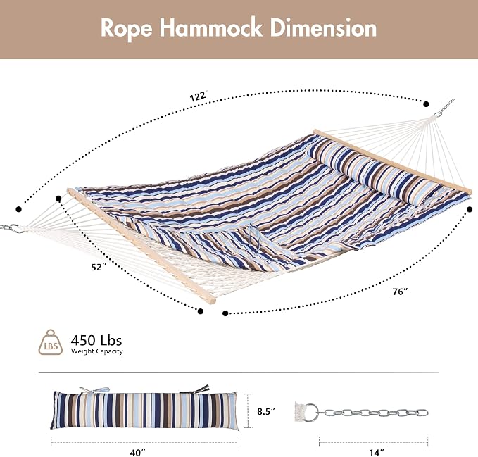 ANOW Outdoor Double Rope Hammock with Pad, Portable Hammock for Patio, Backyard, Beach, 450 LBS Weight Capacity, Blue Seaside