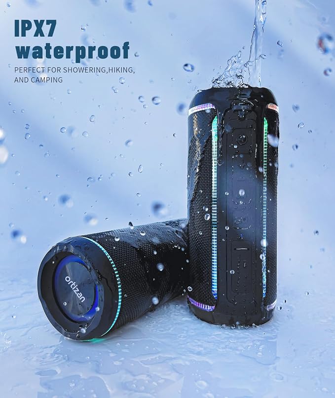 Ortizan X30 Portable Bluetooth Speaker (3rd Gen) – 40W Loud Bass for Pool Parties & Outdoor Adventures, IPX7 Waterproof, 30-Hour Battery, Beat-Synced LED Lights, Wireless Stereo Pairing, Black