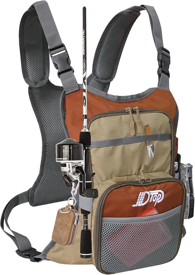Fly Fishing Chest Pack, Lightweight Fishing Backpack, Fishing Tackle Storage Fits Up to Hold Fly Boxes, Fishing Accessories for Men(Orange + Gray)