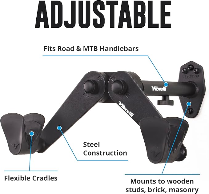 Vibrelli Bike Wall Mount - Horizontal Storage Rack for Hanging Bicycles in Garage - Adjustable Bike Hanger, Holder - Wall Bike Rack Hooks for Bicycle