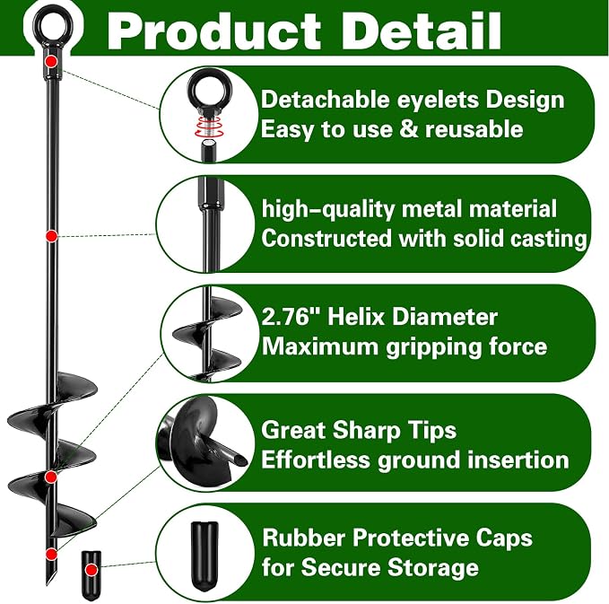 Fabulas Ground Anchors Screw in, 18 Inch Heavy Duty Swing Set Ground Anchor Kit 6 Pack, Spiral Earth Trampoline Stakes High Wind Metal Auger Stakes for Dog Sheds Tent Carports Camping