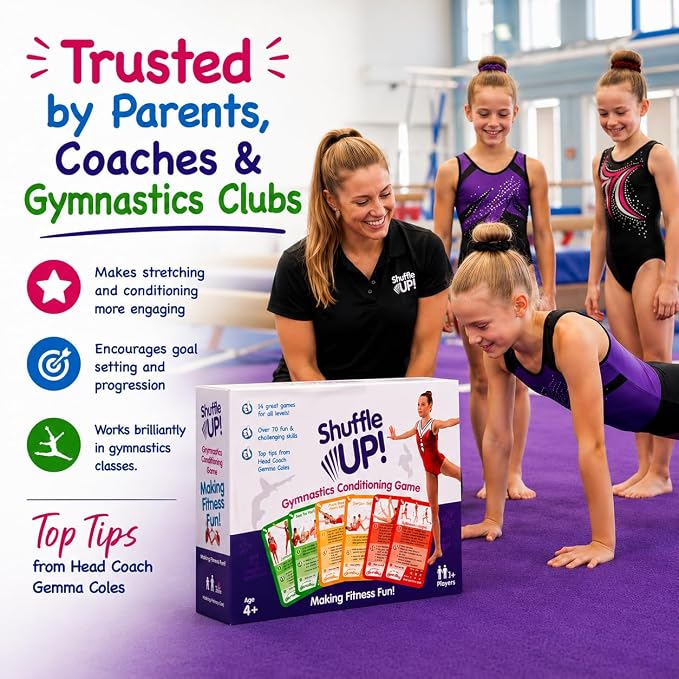 Shuffle Up Gymnastics Card Games - 70+ Fun & Active Skills Cards for Kids, Fitness Cards Develop Fundamentals, Stamina & Strength, Easy to Play for Kids | Multiple Skills Level Card Include 2 Dices