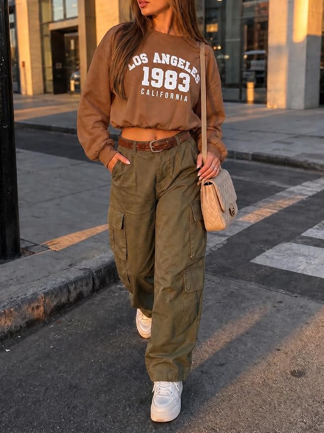Flowyair Womens Crewneck Sweatshirt Los Angeles Elastic Waist Crop Tops | Long Sleeve, Loose Fit, Fall Spring, Pullover Tops, Round Neck, Elasticated Hem