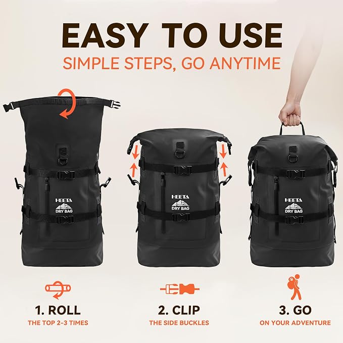 HEETA Dry Bags Waterproof Backpack 40L for Men & Women, Roll Top Heavy Duty Cushioned Hiking Backpack for Kayaking Boating Paddle Boarding Fishing Travel Camping Beach Vacation Cruise Ship Essentials