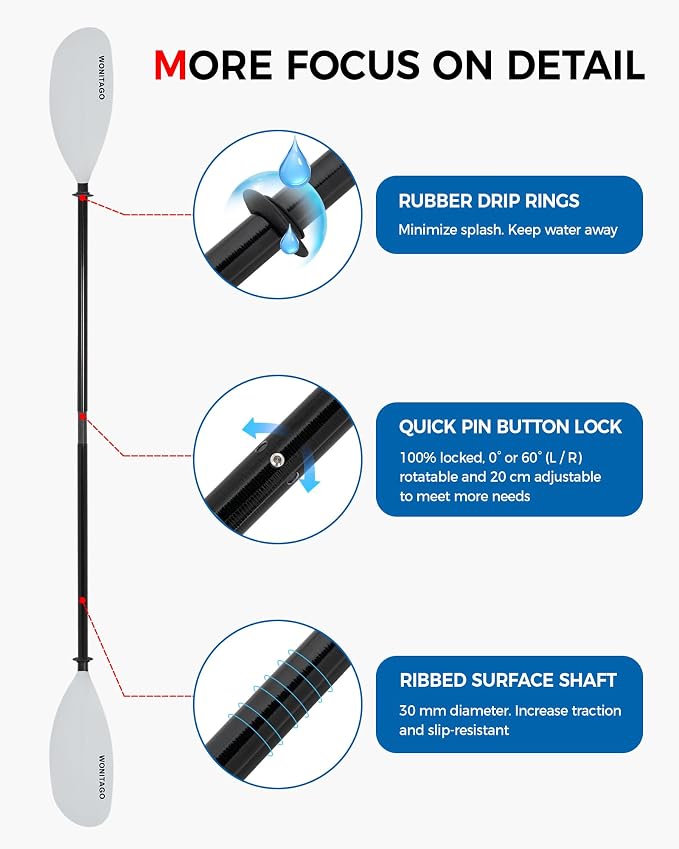 Kayak Paddle with Fiberglass Shaft and Reinforced Nylon Blade, Adjustable Kayaking Oars, 3 Piece, 230-250 cm/90-98 inches, 210-230 cm/82-90 inches