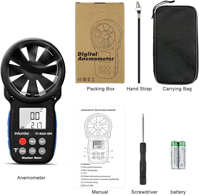 HoldPeak Handheld Anemometer Barometer, Weather Meter for Wind Speed, Temperature, Humidity, Dew Point, Altitude, Barometric Pressure, Wind Chill Measuring, Digital Wind Guage 866B-WM