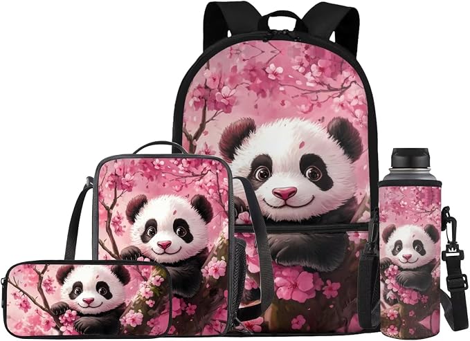 Cute Panda Backpack for Girls School Bag with Lunch Bag Pencil Case Water Bottle Holder Cherry Blossom Bookbag Casual Daypack Travel Bag Satchel Bagpack