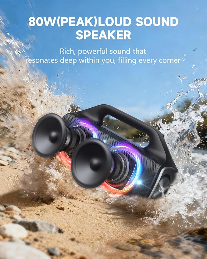 IP67 Waterproof Bluetooth Speaker:80W(Peak) Loud Outdoor Portable Wireless Party Speakers with LED Lights,20H Playtime,Bluetooth 5.3,Deep Bass & TWS for Pool,Beach (Black)