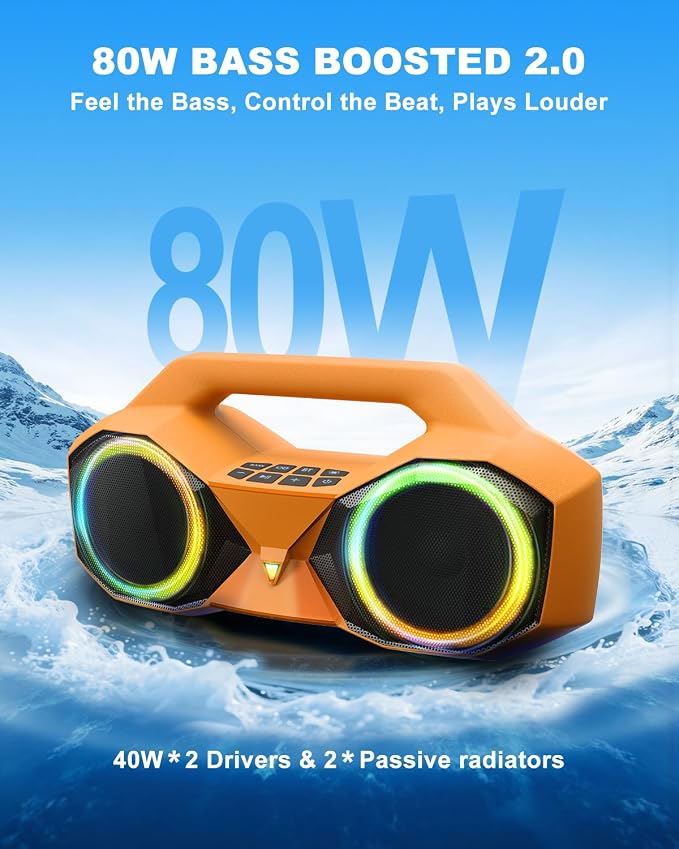 OZJ Bluetooth Speaker Outdoor Loud: 80W(Peak) with Bass, Portable Wireless Speaker with IPX7 Waterproof, 20H Playtime, RGB Lights, TWS for Outside, Beach, Work (Orange)