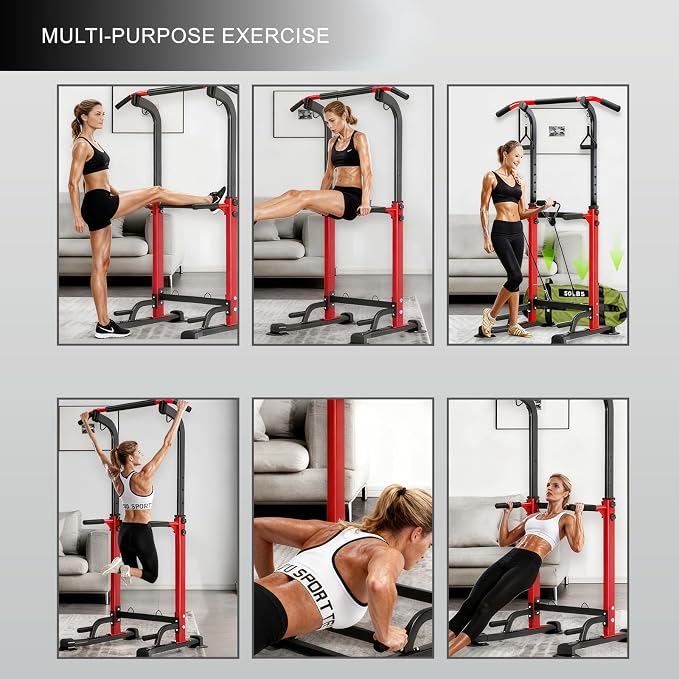 Height Adjustable Multi-functional Power Tower Pull Up Bar Station &Wooden Parallel Bars