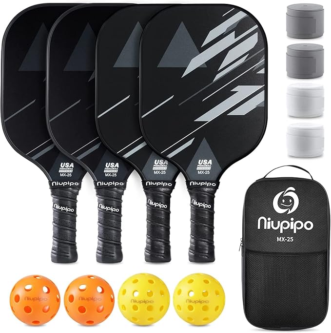 niupipo Pickleball Paddles Set of 2 or 4, USAPA Approved Fiberglass Pickleball Paddle Set with Balls and Bag, Polypropylene Honeycomb Core, Lightweight Pickleball Paddles for Beginners Men Women