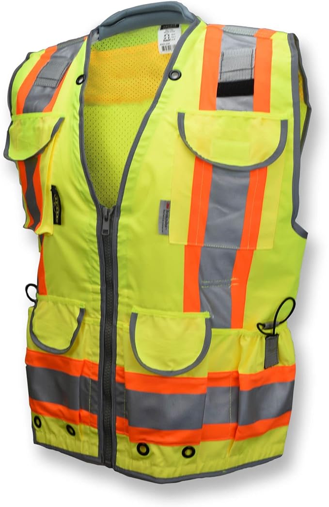 Radians SV55 Class 2 Heavy Woven Two Tone Engineer Vest with Padded Neck to Support Extra Weight in Cargo Pockets, Green, 5X-Large
