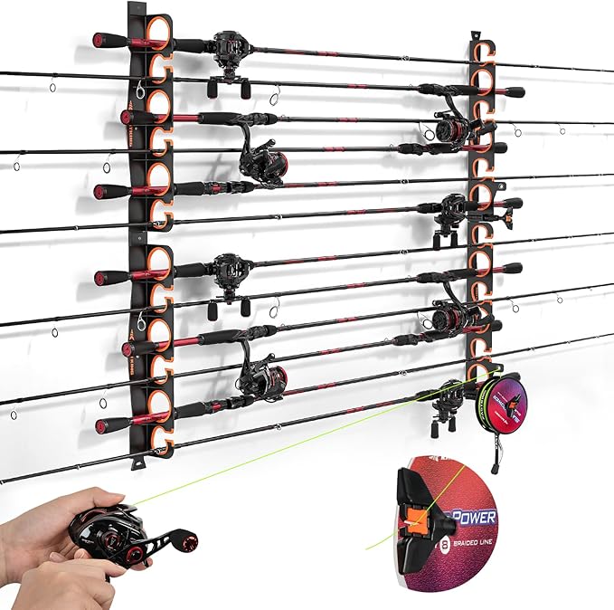 KastKing SafeGuard LS Horizontal Fishing Rod Rack with Line Spooler – Wall or Ceiling Mount, Holds 12 Rods & Combos, No-Twist Fishing Rod Holder with Spooler & Cutter (Spinning & Baitcasting)