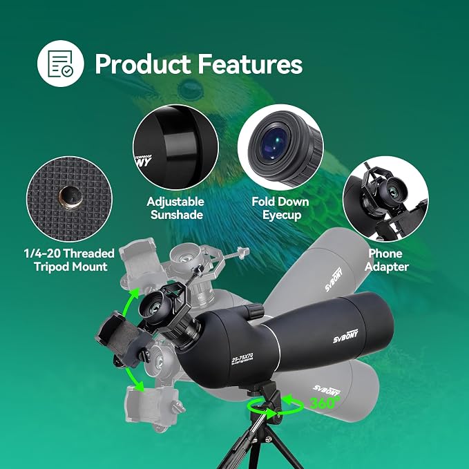 SVBONY SV28 Spotting Scopes with Tripod, 25-75x70 Spotting Scope with Phone Adapter, IP65 Waterproof Fogproof Spotter Scope for Target Shooting, Bird Watching