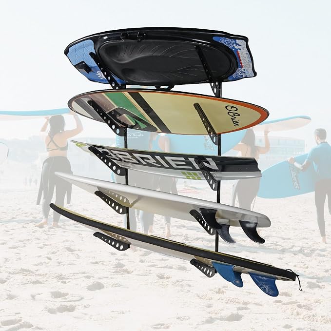 5 Board Surf Rack Wall Mount for Surfboard, Wakeboard, Snowboard Storage Adjustable Wall Hangers Boards Display, Black, Steel