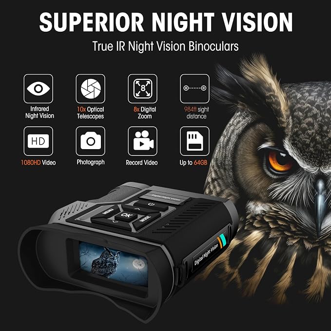 1080P Night Vision Goggles, 10X Optical Telescopes and 8X Digital Zoom for Total Darkness Surveillance, 3'' Large Screen Binoculars can Save Photo & Video with 64GB Memory Card, for Camping, Hunting