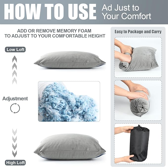 SmoothNovelty 2 Pack Camping Pillow for Sleeping Shredded Memory Foam Travel Pillow with Storage Bag, Compressible Portable Pillow for Outdoor Camp Backpacking Hiking Essential Gear (Grey,Small)