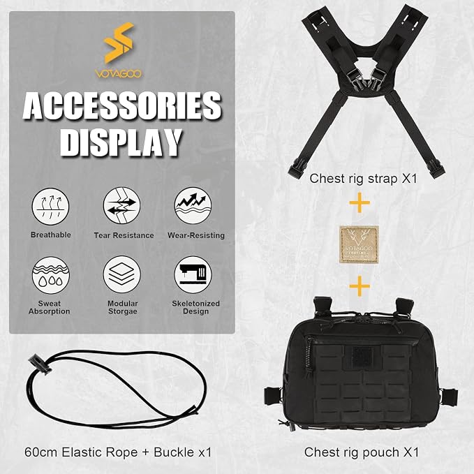 VOTAGOO GEAR Tactical Chest Rig Bag, 3L Utility Hypalon Molle Chest Rig With Map Pocket 500D Cordura Chest Bag for Hunting Workouts (Black)