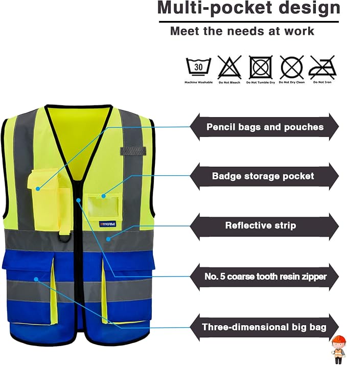 A-SAFETY yellow blue work vest side pocket