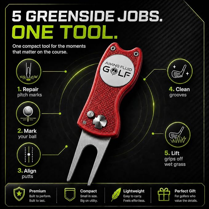 Golf Divot Repair Tool — 5-in-1 Golfing Ball Marker, Pitch Mark Repair, Putting Alignment, Club Tee, and Groove Cleaner, Accessory Metal Switchblade Design - Ideal Gift for Golfers