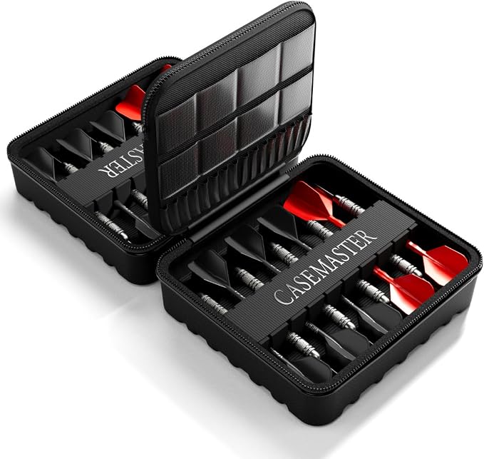 Casemaster Maxx 6 Dart Case, Holds 18 Steel Tip or Soft Tip Darts Fully Assembled, Hard Shell EVA Darts Case, 16 Accessory Pockets, Black
