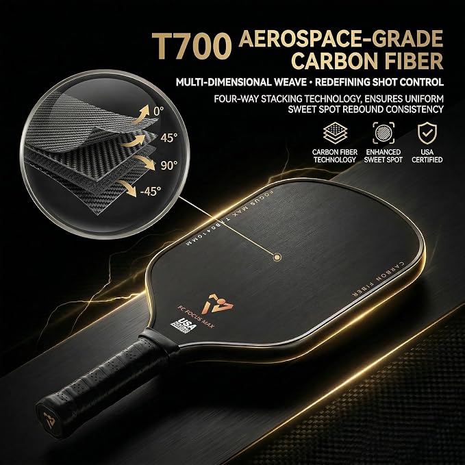 T700 Carbon Fiber Pickleball Paddle, Pickleball Set 16mm Pickle Ball Rackets with CMS Matte Surface Lightweight Honeycomb Core & Durable Edge Frame Larger Sweet Spot