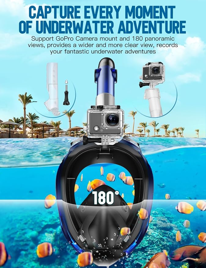 Full Face Snorkel Mask for Adults, 180° Panoramic Anti-Fog Snorkeling Gear with Dry Top System & Camera Mount, Foldable Anti-Leak Design for Travel, Swimming & Ocean Snorkeling
