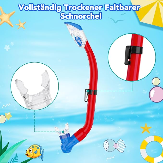 Snorkeling Gear for Kids with Foldable Silicone Full Dry Snorkel, Kids Snorkel Set Anti Leak Youth Junior Snorkeling Package Diving Mask Soft Tube with Mesh Bag Scuba Swimming Goggles