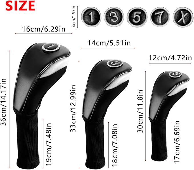 Andux 3pcs/Set PU Golf Wood Club Head Covers with Long Neck | for 460cc Driver Fairway Wood Club with Hook & Loop No. Tags Coloured Piping Pull-On Closure