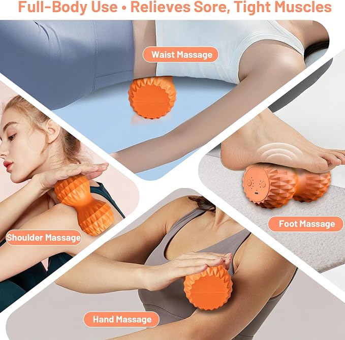 Vibrating Peanut Massage Ball, 3 Gear Heating, 5 Modes Deep Tissue Massager, Rechargeable Myofascial Release Roller for Muscle Pain Relief, Fitness, Yoga(Orange)