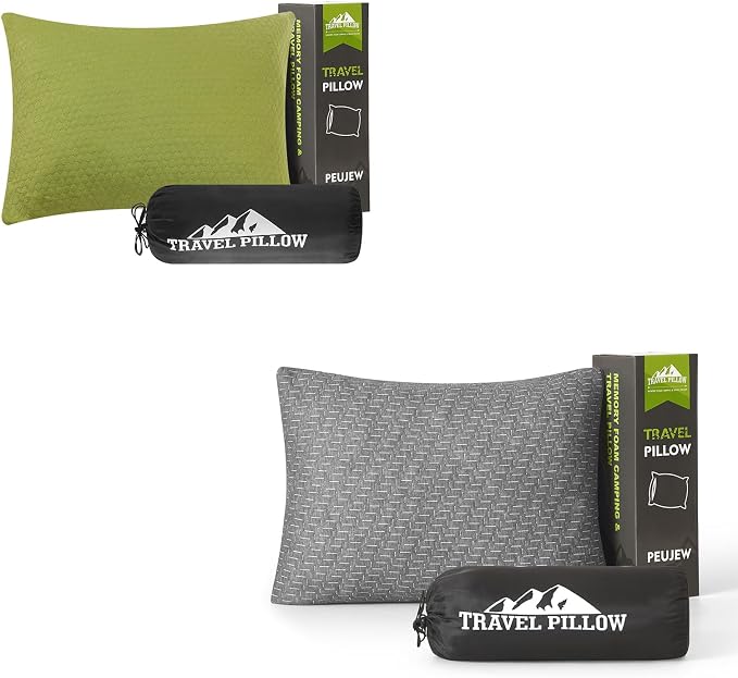 Travel Pillow Compressible Camping Memory Foam Pillow - Dark Grey M Size, Avocado Green S Size, Ideal Backpacking, Airplane and Car