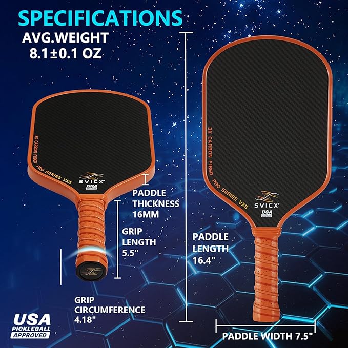 Carbon Fiber Pickleball Paddle 16mm – Professional Pickleball Paddles with Superior Control, Power & Spin – Extended Handle for Two-Handed Grip, USAPA Approved