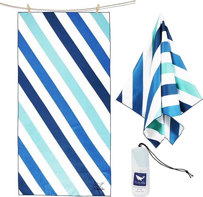 Whale Flotilla Large Quick Dry Beach Towel (30"x60"), Microfiber Sand-Free Beach Towels, Super Absorbent Compact Pool Travel Accessories, Aqua
