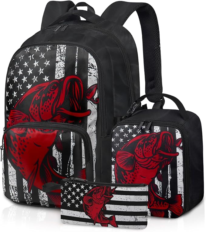 Fishing Backpack Set for Boys, Kids Fishing School Backpack with Lunch Box Pencil Bag, with for Students
