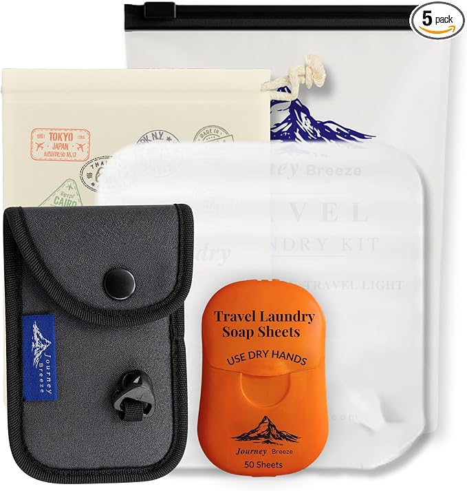 Travel Laundry Detergent Sheets Kit – Laundry Detergent Sheets 50-Count + Lightweight Travel Clothesline & Universal Sink Stopper with Canvas Bag and Frosted Zip Pouch for Hotels, Cruises & Trips