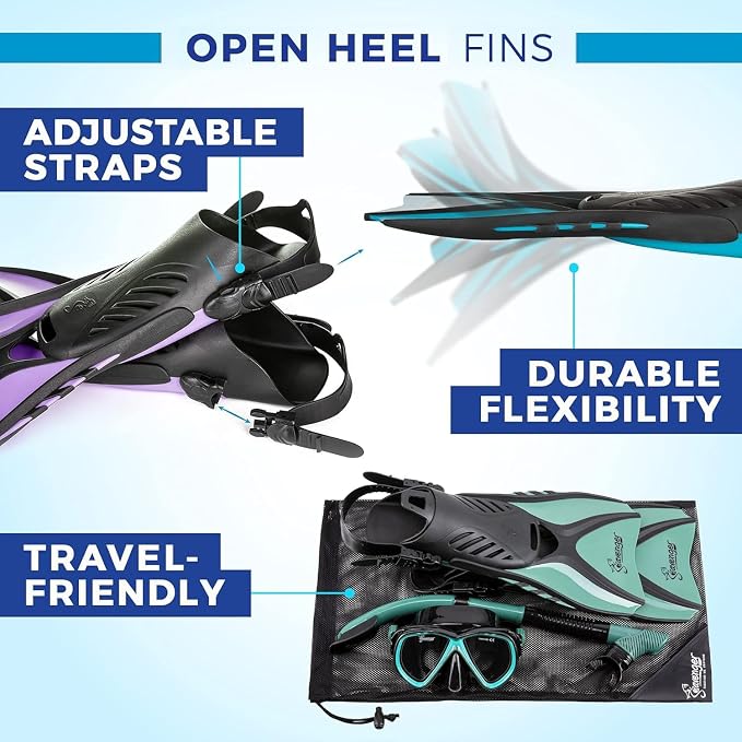 Seavenger Hanalei Anti-Fog 4-Piece Snorkeling Set with Soft-Flex Dry Snorkel, Adjustable Open-Heel Fins, Twin-Lens Mask, and Mesh Bag
